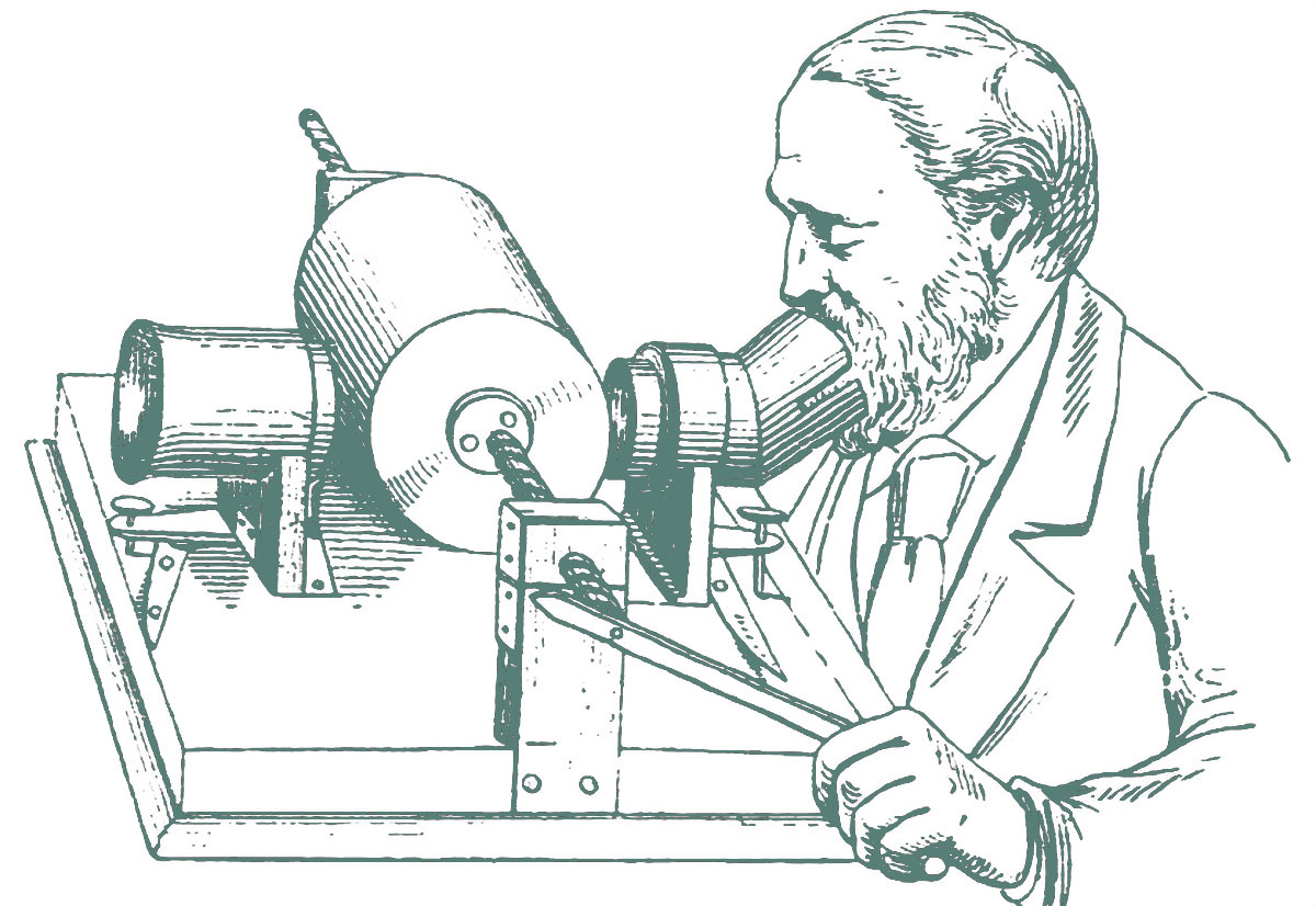 Man talking into funnel of a wax cylinder recorder (line cut)