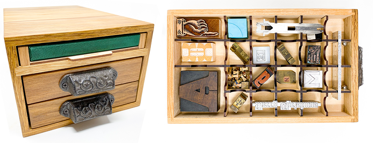 Image of Tiny Type Museum and Time Capsule: left, museum box an angle—stained white oak, two drawer pulls, and the end of a book; right, top view of one drawer containing many individual type artifacts, such as metal and wood type characters